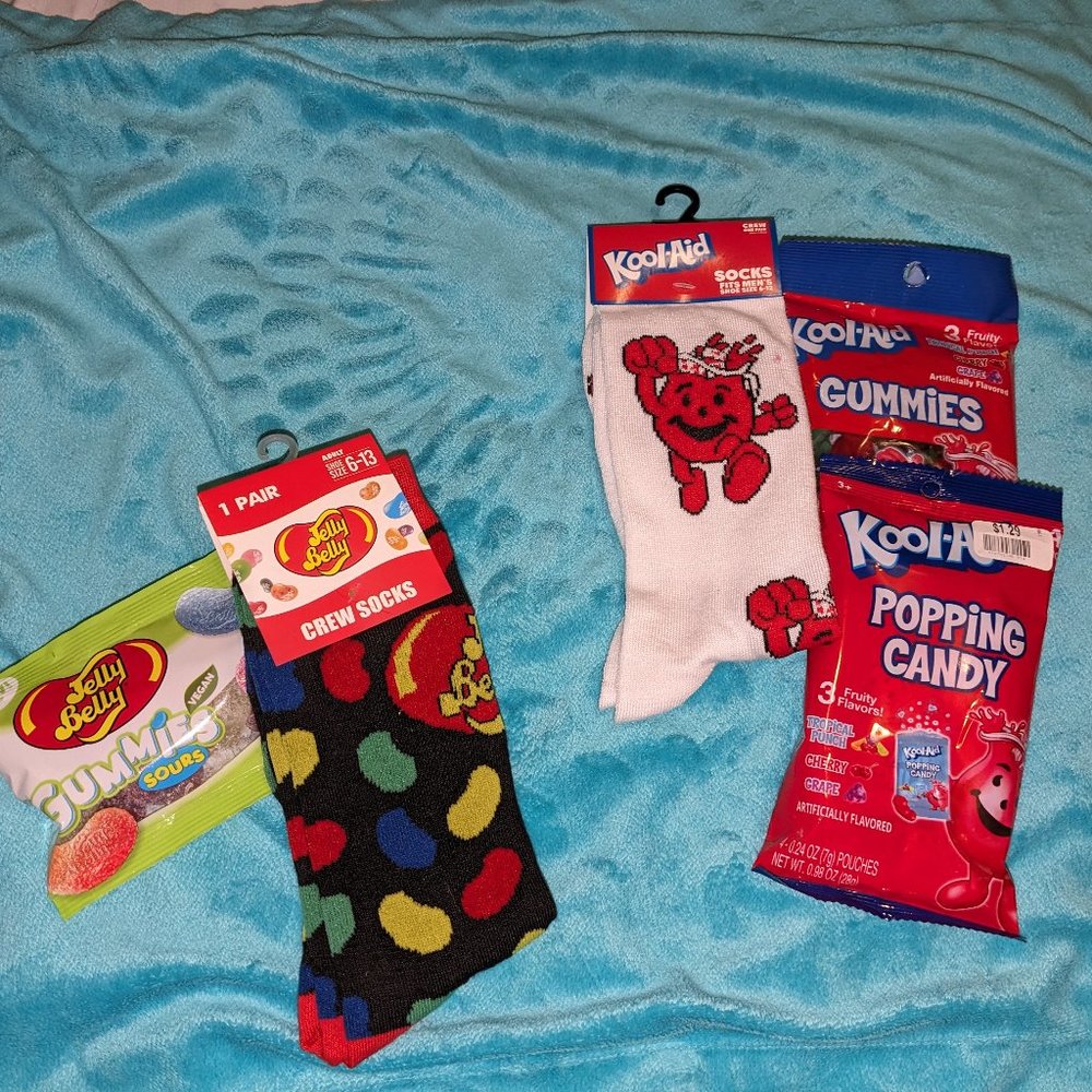 NWT Kool aid and Jelly Belly adult socks with candy...shoe sizes  6-12 & 13